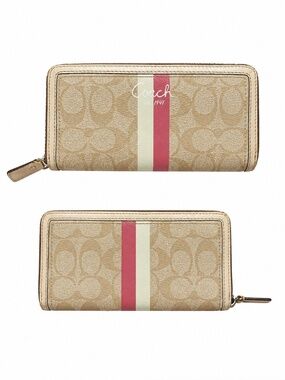 Coach Signature Stripe Zip Around Wallet Tan Pink Green Canvas Leather